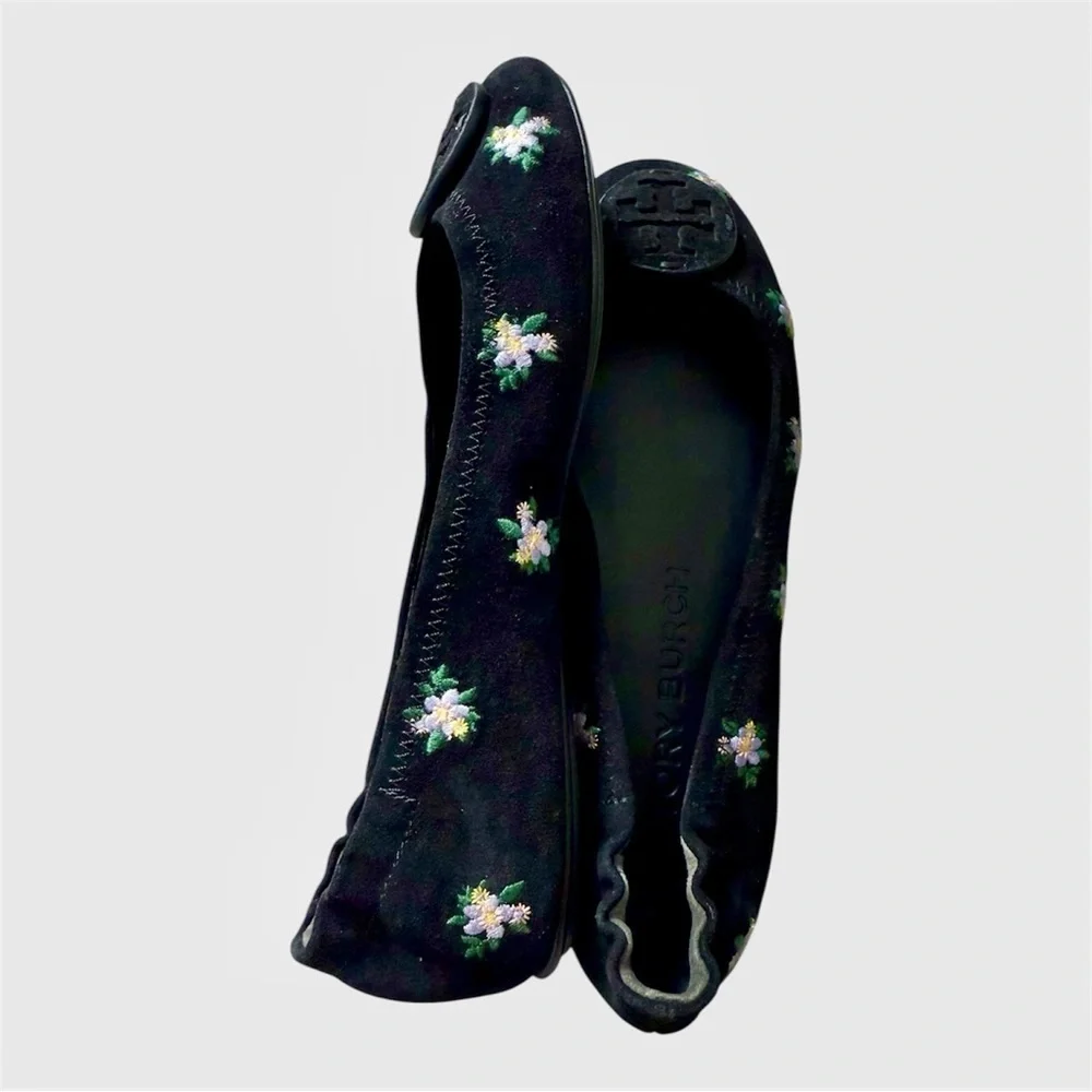 TORY BURCH Minnie Travel Flat Women 8 Black Daybreak Ditsy Floral Embroider Shoe